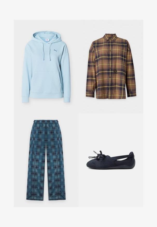 Sweat à capuche Puma bleu clair avec poche kangourou à l'avant, capuche à cordon, poignets côtelés et petit logo Puma sur la poitrine.; Chemise à manches longues à carreaux marron, jaune et bleu foncé, boutonnée, avec col et détail brodé de soleil près du bas au centre.; Pantalon large à carreaux bleus et noirs avec taille élastique et poches latérales, présenté à plat sur un fond clair.; Chaussure plate noire minimaliste Puma avec lacets à l'avant et découpes latérales, conçue pour un confort léger et une grande flexibilité.