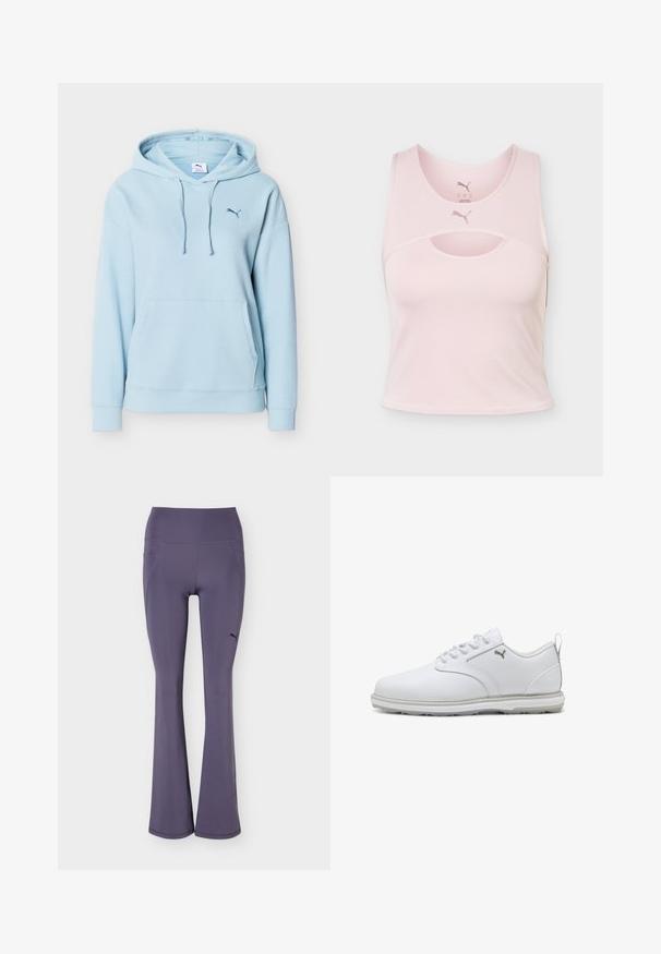Hellblauer Puma-Hoodie mit Kängurutasche vorne, Kapuze mit Kordelzug, gerippten Bündchen und kleinem Puma-Logo auf der Brust.; Hellrosa ärmelloses Sport-Crop-Top mit Rundhalsausschnitt, Cut-out-Detail und Puma-Logo vorne mittig und innen am Kragen.; Lila ausgestellte Sportleggings mit hohem Bund und Seitentaschen, mit kleinem schwarzem Puma-Logo am oberen linken Bein.; Weiße Sportschuhe mit glattem Obermaterial aus synthetischem Leder, strukturierten Akzenten, gepolsterter Knöchelstütze und gummierter Sohle mit guter Traktion. Silberne Logodetails.
