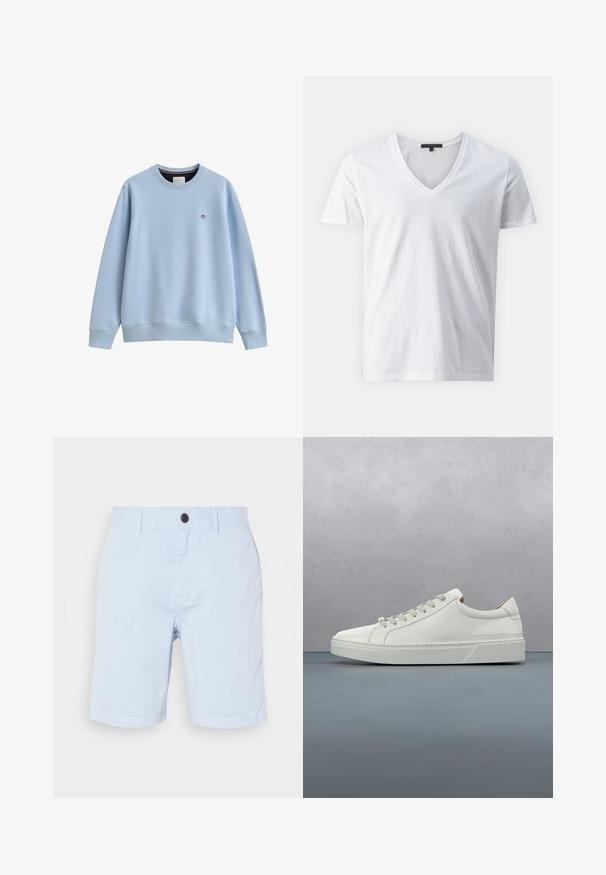Hellblaues Sweatshirt mit Rundhalsausschnitt, gerippten Bündchen und Saum, mit einem kleinen gestickten Logo auf der linken Brust.; Weißes Baumwoll-T-Shirt mit V-Ausschnitt, kurzen Ärmeln und einer glatten Textur. Einfacher, unverzierter Stil.; Hellblaue Baumwollshorts mit einem vorderen Knopfverschluss, Gürtelschlaufen und geradem Schnitt. Glatte Textur ohne sichtbare Muster.; Weißes Leder-Sneaker mit abgerundetem Zehenbereich, minimalistisches Design, graue Schnürsenkel und einer strukturierten grauen Gummisohle. Dezente Nähte sichtbar.