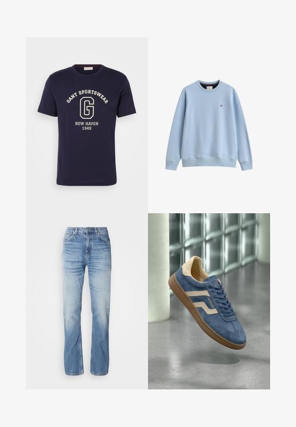 Hellblaues Sweatshirt mit Rundhalsausschnitt, gerippten Bündchen und Saum, mit einem kleinen gestickten Logo auf der linken Brust.; Navy Baumwoll-T-Shirt mit einem weißen Grafikdruck, auf dem "GANT SPORTSWEAR", "NEW HAVEN" und "1949" steht. Rundhalsausschnitt und kurze Ärmel.; Hellblaue Jeans aus Denim mit geradem Bein, verblasstem Finish, fünf Taschen und Knopfverschluss. Klassisches Design und mittlere Dicke.; Blauer Wildleder-Sneaker mit beigen Streifen, brauner Sohle und Schnürsenkeln, schwebt in Innenräumen auf einem polierten Betonboden in der Nähe von Glasbausteinen.