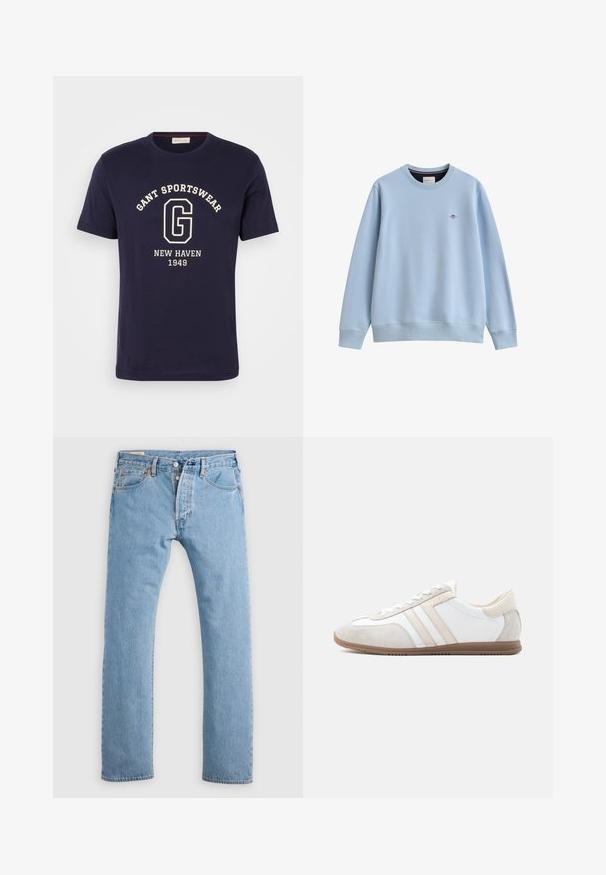 Lyseblå crewneck sweatshirtt med ribbede manchetter og kant, med en lille broderet logo på venstre bryst.; Marineblå bomulds T-shirt med et hvidt grafisk design med "GANT SPORTSWEAR," "NEW HAVEN," og "1949." Rund halsudskæring og korte ærmer.; Lys blå lige ben denim jeans med knaplukning, bæltestropper og for- og baglommer, vist på en hvid baggrund.; Lavprofileret hvid og beige sko med ruskindsdetaljer, snørelukning og brun gummisål, vist i sideprofil på ensfarvet baggrund.