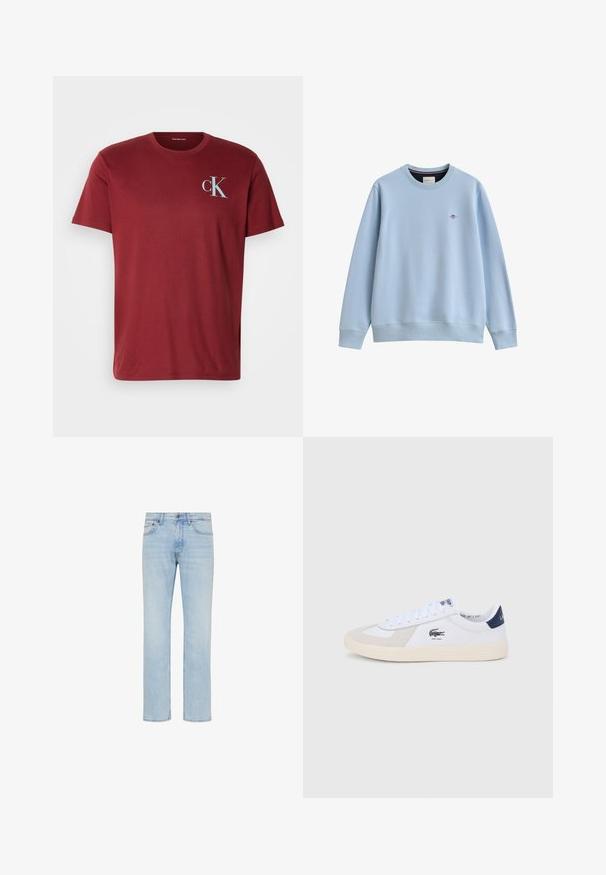 Hellblaues Sweatshirt mit Rundhalsausschnitt, gerippten Bündchen und Saum, mit einem kleinen gestickten Logo auf der linken Brust.; Burgunderfarbendes Baumwoll-T-Shirt mit Rundhalsausschnitt, kurzen Ärmeln und einem hellblauen "ck"-Logo auf der linken Brust. Glatte Textur.; Hellblaue Straight-Leg-Jeans aus Denim mit vorderem Knopf, Reißverschluss und Fünf-Taschen-Design, gezeigt auf weißem Hintergrund.; Weißer Sneaker in Low-Top-Form mit beigen Wildleder-Akzenten, navyfarbenem Fersenlasche, Schnürvorderseite und einem schwarzen Krokodil-Logo an der Seite mit der Aufschrift "EST. 1933".