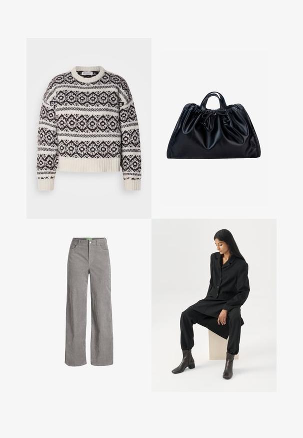 Pull en tricot crème et marron foncé. Il présente un motif géométrique, un col et un ourlet côtelés, des manches longues et une coupe courte.; Pantalons larges en velours côtelé gris avec une fermeture à bouton et des passants de ceinture. Comprend deux poches latérales et un tissu doux et texturé.; Femme aux longs cheveux foncés assise, portant un blazer noir ample, un pantalon large assorti et des bottines foncées, sur un fond blanc uni.; Sac à main en cuir noir avec haut froncé, petites poignées doubles et fermeture par cordon noué au centre devant sur fond blanc.