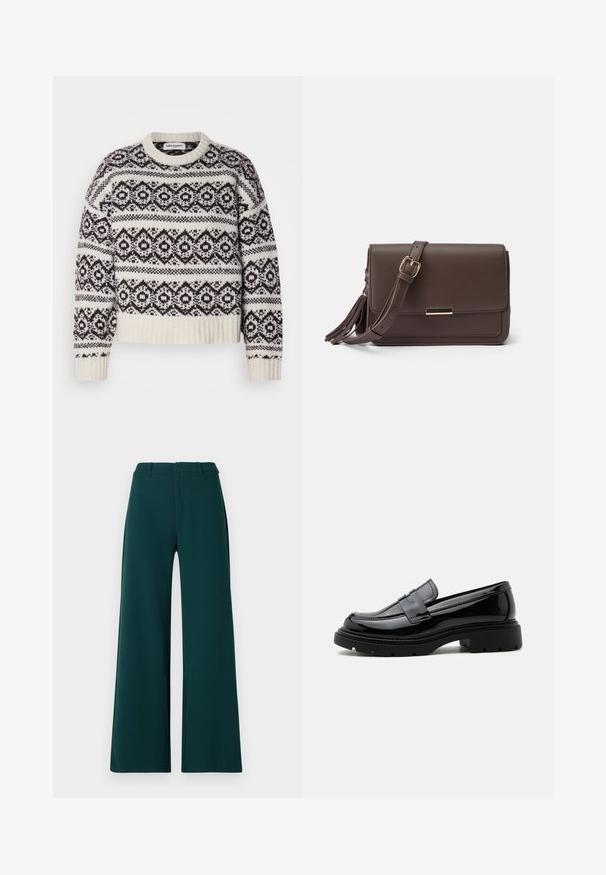 Pull en tricot crème et marron foncé. Il présente un motif géométrique, un col et un ourlet côtelés, des manches longues et une coupe courte.; Pantalons à jambes larges en tissu vert foncé. Présentent une taille haute, des plis avant et des passants de ceinture. Texture lisse et design ajusté.; Mocassin en cuir noir brillant avec semelle épaisse à crampons et bride penny, présenté en profil latéral sur fond blanc uni.; Sac bandoulière en simili cuir marron avec un rabat, quincaillerie dorée et détail de frange sur le côté. Bandoulière ajustable pour un port polyvalent.