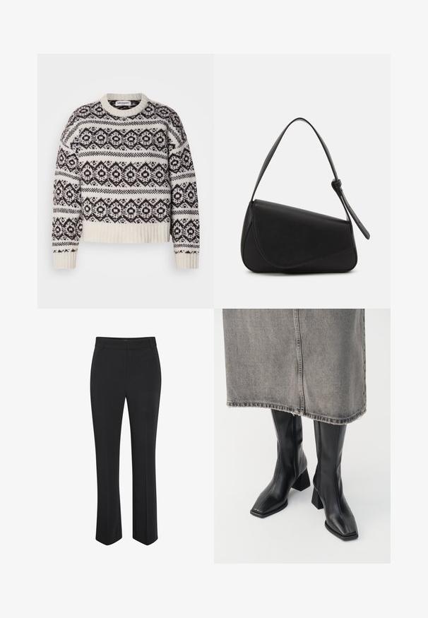 Suéter de punto en crema y marrón oscuro. Presenta un patrón geométrico, cuello y dobladillo de canalé, mangas largas y un corte corto.; Pantalones negros a medida con diseño de pierna recta. Fabricados con tela suave, cuentan con una pretina de talle medio y una sutil arruga frontal.; Botas negras hasta la rodilla de cuero liso con punta cuadrada y tacón cuadrado. Llevadas con una falda de mezclilla gris con dobladillo desflecado.; Bolso de mano de cuero negro con forma triangular, tapa en ángulo y un asa superior redondeada. Presenta una textura suave y detalles de diseño minimalistas.