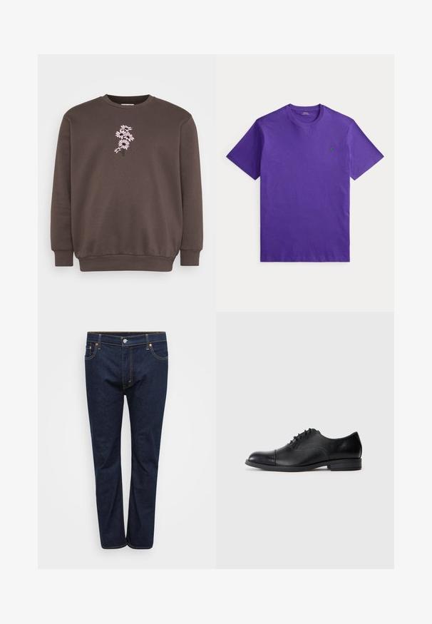 Brun sweatshirt med rund hals og lange ærmer. Har et pink blomsterbroderi design på forsiden, tekstureret stof og ribbede cuffs.; Lilla T-shirt med korte ærmer og rund halsudskæring med en lille grøn broderet logo på venstre bryst mod en hvid baggrund.; Mørkeblå denim jeans med lige ben, der har synlige stikninger i kontrasterende gul, fem lommer og en frontlukning med knap.; Sort læder herre oxford-sko med lukket snøring, hætte-tå og lav stacket hæl, vist i sideprofil på lys grå baggrund.