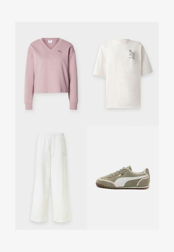Sudadera Puma de manga larga y cuello en V de color rosa claro, con puños acanalados y pequeño logo de Puma en el pecho izquierdo.; Camiseta de algodón color crema con mangas cortas, que presenta un gráfico de una ola y un sol, y el texto "BILLABONG" en el frente.; Pantalones deportivos blancos de corte holgado con cintura elástica y un logo sutil en el lateral del muslo derecho.; Zapatillas de ante verde con acentos de cuero blanco, costuras texturizadas, parte frontal con cordones y suela de goma. Presenta detalles de diseño únicos a lo largo de los lados.