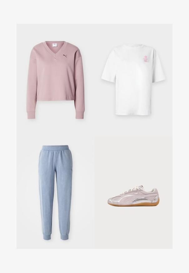 Sudadera Puma de manga larga y cuello en V de color rosa claro, con puños acanalados y pequeño logo de Puma en el pecho izquierdo.; Camiseta de algodón blanca con mangas cortas y cuello redondo, con un pequeño logo rosa de "Vacation Club" en el lado izquierdo del pecho.; Pantalones de chándal azules hechos de una tela suave con una cintura y puños elásticos; presentan una sutil textura y un pequeño logo en un lado.; Zapatilla Puma de color rosa claro con cordones blancos, detalles plateados y suela de goma, mostrada de lado sobre un fondo claro liso.