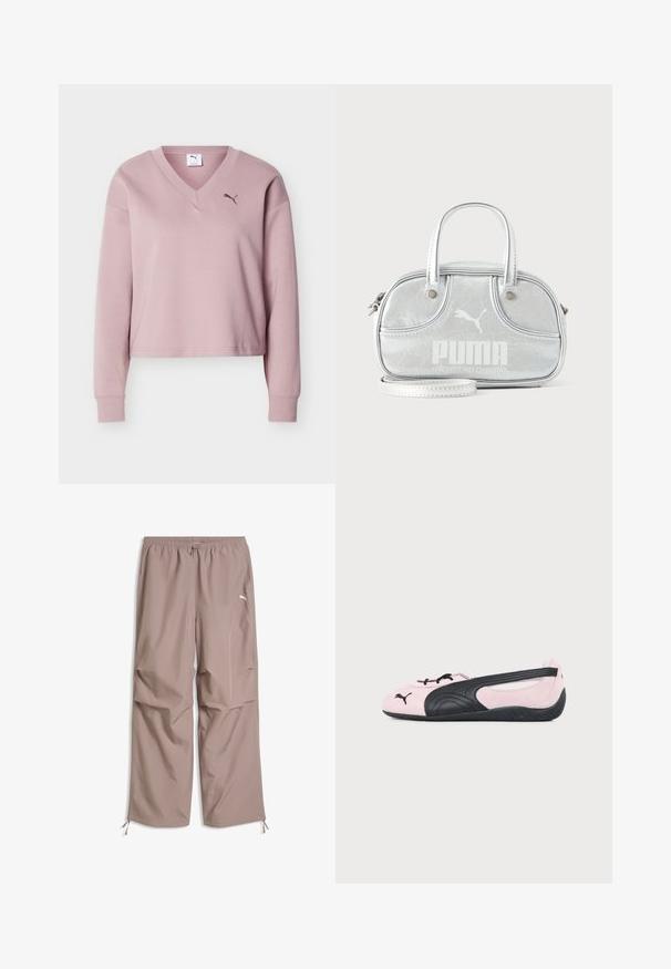 Sweat-shirt Puma rose pâle à manches longues avec encolure en V, poignets côtelés et petit logo Puma sur la poitrine gauche.; Pantalon à jambes larges couleur brun clair avec ceinture élastique, cordon de serrage à la taille et aux bas, poches latérales, et logo Puma sur la cuisse droite.; Ballerine Puma rose clair et noire avec logo noir sur la pointe et semelle texturée, vue de profil latéral sur fond uni.; Petit sac à main Puma argent métallisé avec deux poignées supérieures, une longue bandoulière, logo sur le devant et fermeture zippée sur fond uni clair.