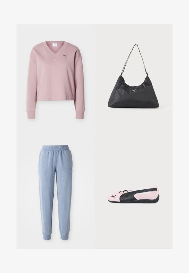 Sudadera Puma de manga larga y cuello en V de color rosa claro, con puños acanalados y pequeño logo de Puma en el pecho izquierdo.; Pantalones de chándal azules hechos de una tela suave con una cintura y puños elásticos; presentan una sutil textura y un pequeño logo en un lado.; Bailarina Puma de color rosa claro y negro con logo negro en la puntera y suela texturizada, mostrada de perfil lateral sobre fondo liso.; Bolso de hombro triangular negro con correa delgada, sutil patrón de monograma y pequeño logotipo plateado de Puma en el centro.