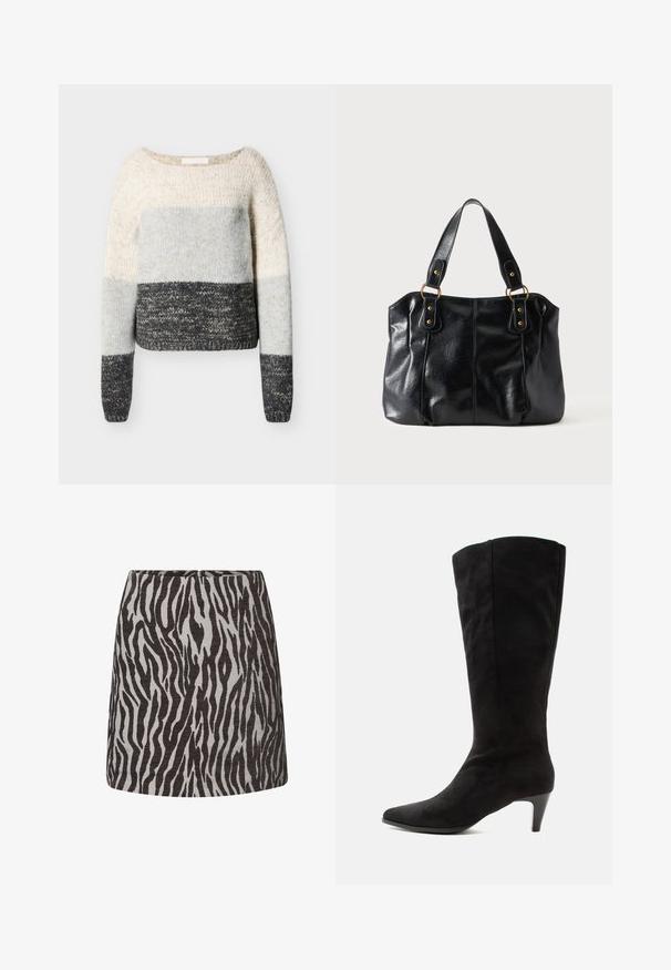 Strikket sweater med brede horisontale farveblokke i creme, lysegrå og mørkegrå, med lange ærmer og rund hals.; Mini nederdel med sort og grå zebra mønster, lige snit og en skjult lynlås bagpå.; Sort knæhøj ruskindstøvle med spids tå og mellemhøj spinkel hæl på hvid baggrund.; Sort læder skuldertaske med dobbelte stropper fastgjort med gyldne ringe og nitter, glat og let skinnende overflade, enkelt design.