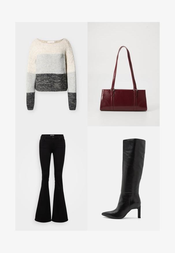 Pull en tricot avec de larges blocs de couleur horizontaux en crème, gris clair et gris foncé, doté de manches longues et d'un col rond.; Jean flare noir en denim extensible, avec une taille ajustée, des poches avant et arrière, et un bouton de fermeture à la taille.; Bottes noires en cuir à talons aiguilles, montant jusqu'au genou, avec une pointe fine et une texture lisse. Le talon est de style bloc, ajoutant de la stabilité au design.; Sac à main bordeaux en matériau brillant, de forme rectangulaire, avec deux anses et des accents légèrement courbés à l'avant.