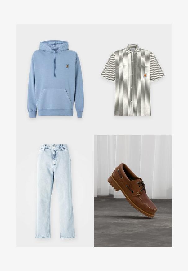 Sudadera con capucha Carhartt azul claro, con cordón en la capucha, bolsillo tipo canguro en el frente, puños y dobladillo acanalados, y un pequeño parche de logo marrón en el pecho.; Camisa de rayas de manga corta en gris y blanco, que cuenta con dos bolsillos en el pecho y una placa rectangular con el logo en color naranja. Diseño con botones en la parte delantera.; Jeans de mezclilla azul claro con corte recto, que presentan una cintura alta, cinco bolsillos y un cierre de botón. Textura deslavada en toda su superficie.; Zapato náutico de cuero marrón con cordones negros, costuras beige y una suela resistente, suspendido sobre un suelo de hormigón gris.