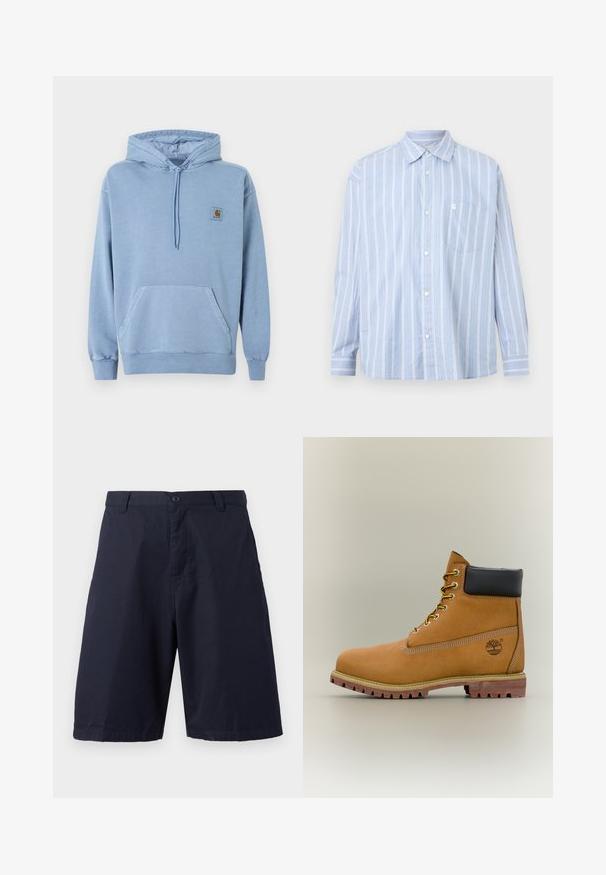 Sweat à capuche Carhartt bleu clair avec capuche à cordon, poche kangourou devant, poignets et ourlet côtelés, et une petite étiquette logo marron sur la poitrine.; Chemise bleu clair à manches longues avec des rayures verticales blanches, une poche poitrine et un col classique.; Short bleu marine longueur genou avec fermeture par bouton, passants de ceinture et jambes droites sur fond blanc uni.; Bottine en cuir marron avec col noir, lacets jaunes et semelle beige. Présente un logo et des détails de couture blanche. Semelle extérieure à traction robuste.