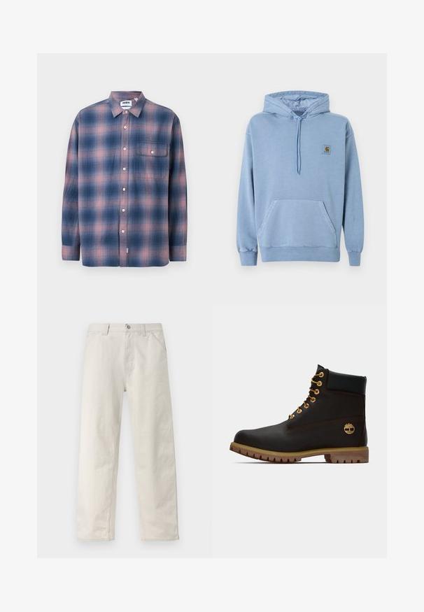 Hellblauer Carhartt-Hoodie mit Kapuze und Kordelzug, Kängurutasche vorne, gerippten Bündchen und Saum sowie einem kleinen braunen Logo-Patch auf der Brust.; Langärmliges kariertes Hemd in Blau und Pink, aus weichem Stoff gefertigt. Verfügt über einen Button-Down-Kragen, eine Brusttasche und weiße Knöpfe.; Hellbeige, gerade geschnittene Hose mit dezenten vertikalen Streifen, vorderem Knopfverschluss, Gürtelschlaufen und Seitentaschen.; Schwarze Leder-Ankle-Boots mit goldenen Ösen, braunen Akzenten und einer Gummisohle. Verfügt über einen gepolsterten Schaft und ein geprägtes Logo an der Seite.