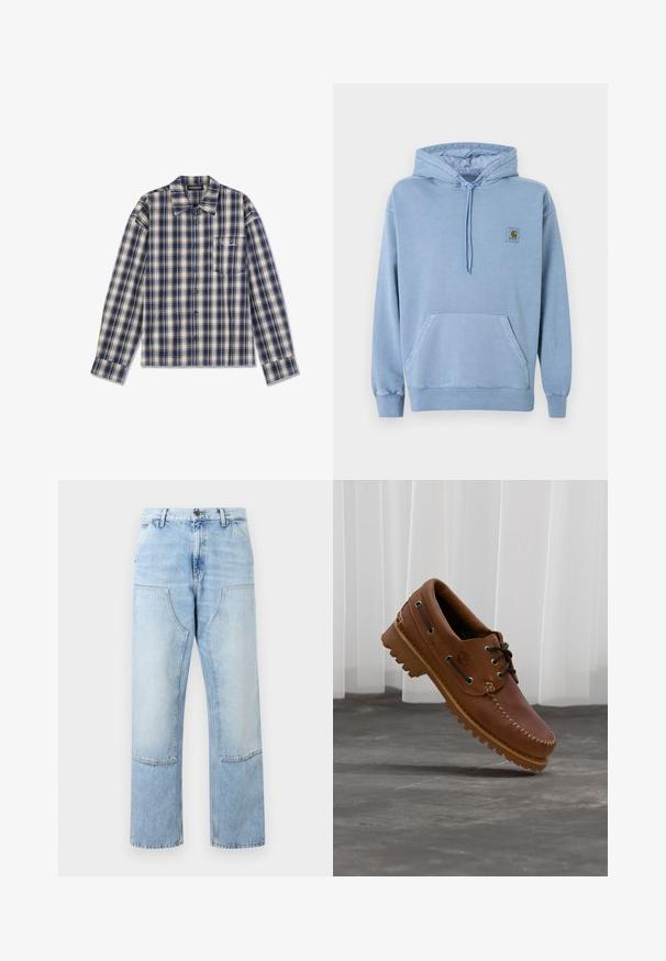 Lyseblå Carhartt-hoodie med snørre i hætten, frontlomme i kængurustil, ribstrikkede manchetter og kant samt en lille brun logo-patch på brystet.; Langærmet ternet skjorte i marineblå og crème med knaplukning foran, krave og en lille brystlomme med hvid tekst.; Lyseblå denimjeans med høj talje, store forlommer med lap, knaplukning og lige brede ben.; Brun læder bådsko med sorte snørebånd, beige syninger og en robust sål, hængende over en grå betongulv.