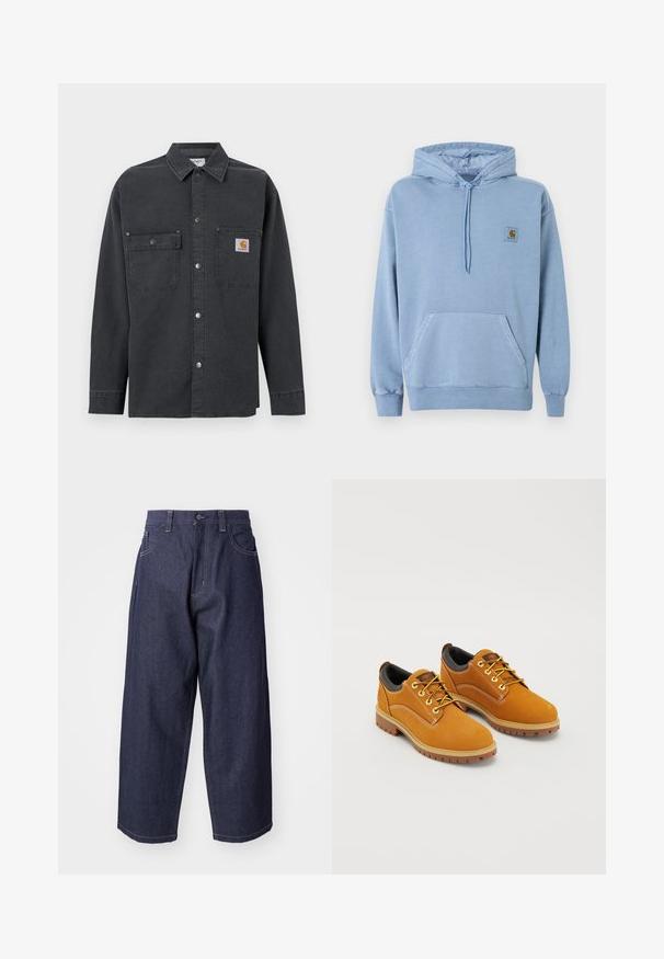 Ανοιχτό μπλε φούτερ Carhartt με κουκούλα και κορδόνι, μπροστινή τσέπη καγκουρό, ριμπ μανσέτες και τελείωμα, και ένα μικρό καφέ λογότυπο στο στήθος.; Μακρυμάνικο πουκάμισο σε σκούρο γκρι με κουμπιά και δύο μπροστινές θήκες στο στήθος, η μία με μικρό τετράγωνο λογότυπο στη δεξιά τσέπη.; Σκούρα μπλε τζιν με φαρδιά γραμμή και χαλαρή εφαρμογή. Τα χαρακτηριστικά περιλαμβάνουν κλείσιμο με κουμπί, μπροστινές τσέπες και ορατές ραφές.; Καφέ σουέτ παπούτσια με στρογγυλή μύτη, κίτρινες κορδόνες, μαξιλαρένιο μαύρο κολάρο και ελαστικές σόλες με αυλακώσεις για πρόσφυση.
