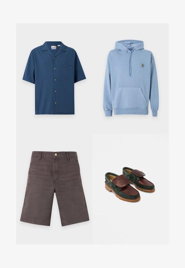 Ανοιχτό μπλε φούτερ Carhartt με κουκούλα και κορδόνι, μπροστινή τσέπη καγκουρό, ριμπ μανσέτες και τελείωμα, και ένα μικρό καφέ λογότυπο στο στήθος.; Μπλε πουκάμισο με κοντά μανίκια, κουμπιά και τσέπη στο στήθος, με γιακα που ανοίγει, εμφανιζόμενο σε απλό ανοιχτό φόντο.; Σκούρα γκρι σορτς μέχρι το γόνατο με μπροστινές τσέπες, θηλιές για ζώνη και μεταλλικό κουμπί κλεισίματος σε ανοιχτό φόντο.; Δερμάτινα παπούτσια με σκούρο πράσινο σώμα και μπορντό πάνω μέρος, στρογγυλή μύτη, ασφαλισμένο καπάκι και υφή στην ελαστική σόλα με ραβδώσεις.