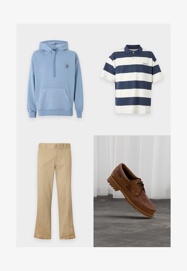 Lyseblå Carhartt-hoodie med snørre i hætten, frontlomme i kængurustil, ribstrikkede manchetter og kant samt en lille brun logo-patch på brystet.; Kortærmet polo i marineblåt og hvidt med vandrette striber, krave og to-knaps lukning, med lille broderet brandnavn på brystet.; Beige flarebukser lavet af en bomuldsblanding, med knaplukning, bæltestropper og glat front med blød tekstur.; Brun læder bådsko med sorte snørebånd, beige syninger og en robust sål, hængende over en grå betongulv.