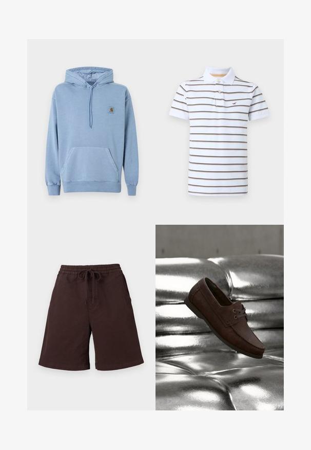 Ανοιχτό μπλε φούτερ Carhartt με κουκούλα και κορδόνι, μπροστινή τσέπη καγκουρό, ριμπ μανσέτες και τελείωμα, και ένα μικρό καφέ λογότυπο στο στήθος.; Λευκό polo με κοντό μανίκι και καφέ οριζόντιες ρίγες, δύο κουμπιά και μικρό κόκκινο κεντητό λογότυπο στο αριστερό στήθος.; Σκούρο καφέ καθημερινά σορτς με ελαστική μέση και κορδόνι μπροστά, πλαϊνές τσέπες και τελείωμα μέχρι το γόνατο, σε απλό ανοιχτό φόντο.; Καφέ μοκασίνι από δέρμα με σκούρα κορδόνια που ακουμπά σε γυαλιστερή επένδυση από ασημί δέρμα με επένδυση από κουμπώματα.