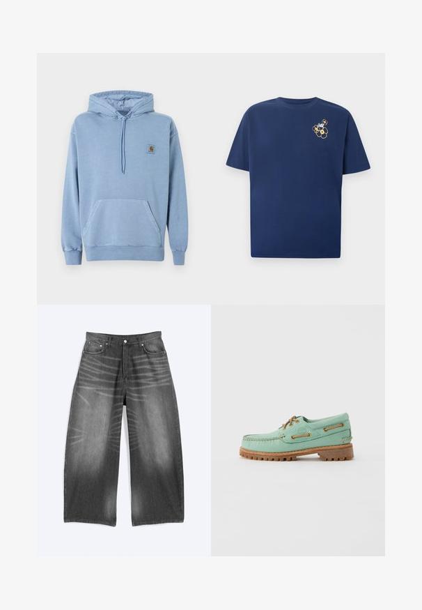 Sweat à capuche Carhartt bleu clair avec capuche à cordon, poche kangourou devant, poignets et ourlet côtelés, et une petite étiquette logo marron sur la poitrine.; T-shirt bleu marine à manches courtes avec un petit groupe de motifs de fleurs jaunes et blanches sur le côté supérieur gauche de la poitrine.; Jean en denim noir délavé à jambes larges avec poches avant et fermeture à boutons, présenté à plat sur fond clair.; Chaussure bateau en cuir vert clair avec des lacets et œillets marron, équipée d'une semelle en caoutchouc épaisse et texturée et de détails cousus le long des bords.