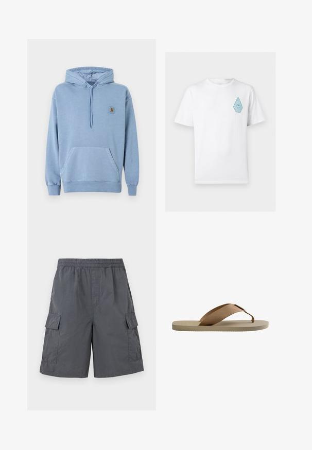 Ανοιχτό μπλε φούτερ Carhartt με κουκούλα και κορδόνι, μπροστινή τσέπη καγκουρό, ριμπ μανσέτες και τελείωμα, και ένα μικρό καφέ λογότυπο στο στήθος.; Λευκό κοντομάνικο T-shirt με στρογγυλή λαιμόκοψη και μικρό μπλε σχέδιο ματιού μέσα σε σχήμα σταγόνας στο αριστερό στήθος.; Σκούρα γκρι cargo σορτς με ελαστική μέση και τσέπες με καπάκια σε κάθε πλευρά, παρουσιάζονται σε ανοιχτό φόντο.; Μπεζ σανδάλι τύπου σαγιονάρας με υφή στη σόλα και φαρδιά καφέ υφασμάτινη λωρίδα για το δάχτυλο, σε λευκό φόντο.