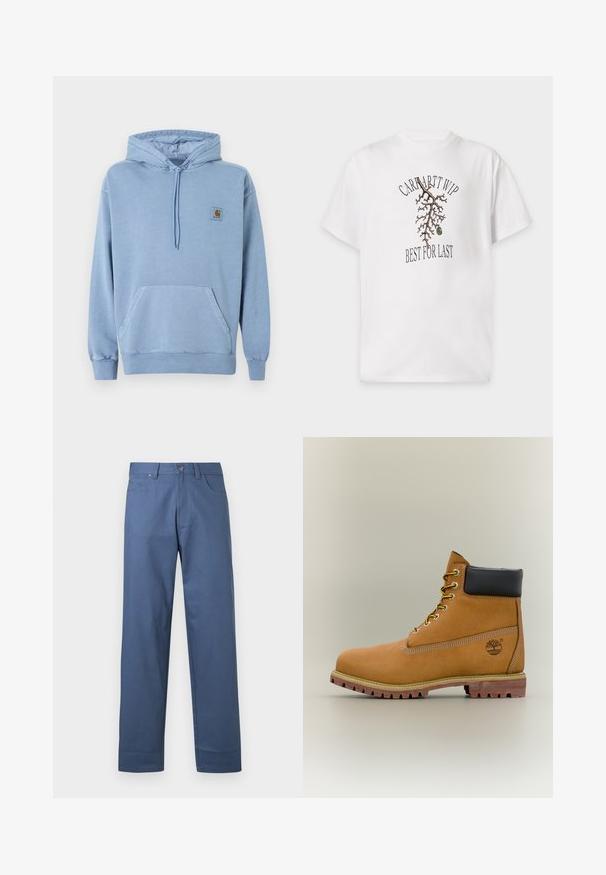 Ανοιχτό μπλε φούτερ Carhartt με κουκούλα και κορδόνι, μπροστινή τσέπη καγκουρό, ριμπ μανσέτες και τελείωμα, και ένα μικρό καφέ λογότυπο στο στήθος.; Λευκό κοντομάνικο μπλουζάκι με καφέ κλαδί δέντρου, πράσινη ελιά και μαύρο κείμενο "Carhartt WIP" πάνω και "Best for Last" κάτω από το κλαδί.; Μπλε βαμβακερό παντελόνι με ίσια γραμμή, διαθέτει κλείσιμο με κουμπί μπροστά και πέντε τσέπες. Ομαλή υφή, χωρίς ορατά σχέδια.; Καφέ δερμάτινο μποτάκι αστραγάλου με μαύρο γιακά, κίτρινα κορδόνια και ταμπά σόλα. Διαθέτει λογότυπο και λευκή ραφή για λεπτομέρεια. Ανθεκτική εξωτερική σόλα με τραχύ πέλμα.