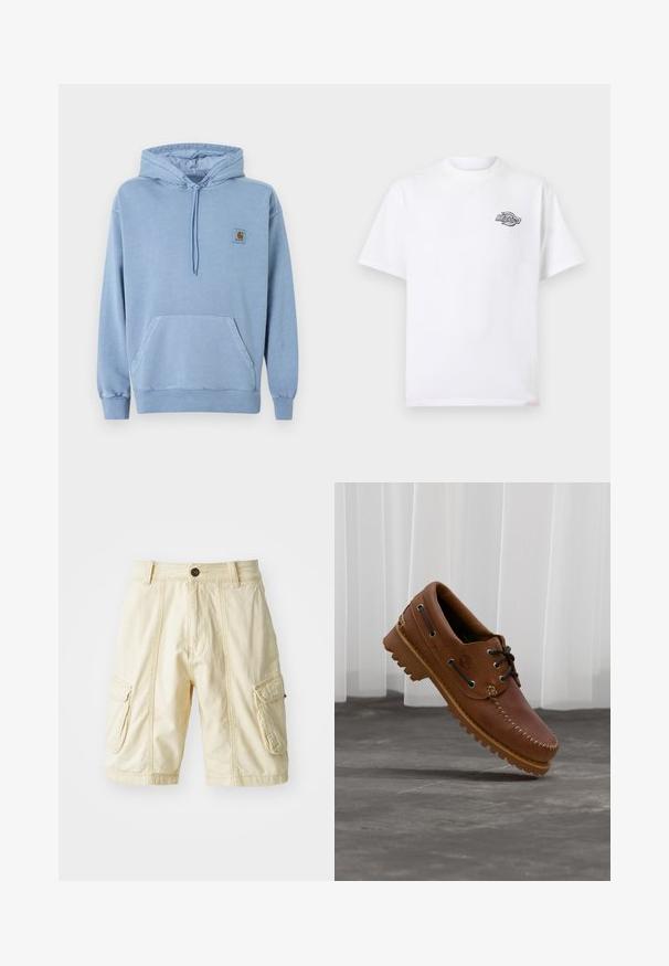 Ανοιχτό μπλε φούτερ Carhartt με κουκούλα και κορδόνι, μπροστινή τσέπη καγκουρό, ριμπ μανσέτες και τελείωμα, και ένα μικρό καφέ λογότυπο στο στήθος.; Λευκό T-shirt με κοντό μανίκι, με μικρό ασπρόμαυρο λογότυπο Dickies στο αριστερό στήθος, στρογγυλή λαιμόκοψη, απλό σχέδιο.; Καδάτες σορτς μέχρι το γόνατο σε ανοιχτό μπεζ ύφασμα με κλείσιμο κουμπιού, δύο μεγάλα πλαϊνά τσέπες και εμφανή ραφές.; Καφέ δερμάτινο παπούτσι τύπου boat με μαύρα κορδόνια, μπεζ ραφές και ανθεκτική σόλα, αιωρούμενο πάνω από γκρι τσιμεντόλιθο.