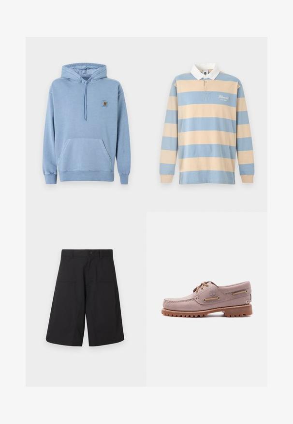 Sweat à capuche Carhartt bleu clair avec capuche à cordon, poche kangourou devant, poignets et ourlet côtelés, et une petite étiquette logo marron sur la poitrine.; Maillot de rugby à manches longues avec larges rayures horizontales beige et bleu clair, col blanc et texte "Element Co. 1992" sur la poitrine.; Shorts cargo noirs en tissu léger, dotés d'une fermeture à bouton et de deux poches avant, avec un design épuré à coupe droite.; Chaussure bateau en cuir marron clair avec surpiqûres sur le bout mocassin, lacets en cuir, logo Timberland et semelle en caoutchouc résistante, présentée sur fond blanc.