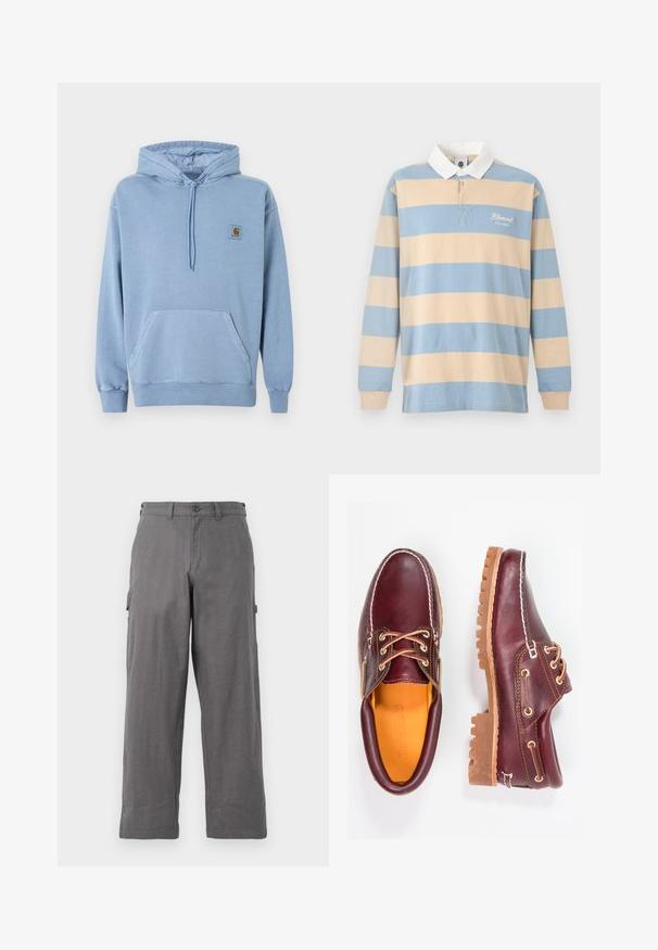 Lichtblauwe Carhartt hoodie met capuchon en trekkoorden, frontzak in kangoeroestijl, geribbelde manchetten en zoom, en een klein bruin logoplaatje op de borst.; Rugbyshirt met lange mouwen met brede horizontale beige en lichtblauwe strepen, witte kraag en de tekst "Element Co. 1992" op de borst.; Grijze cargobroek met een recht gesneden ontwerp, gemaakt van duurzame stof. Voorzien van zijzakken en een knoopsluiting bij de taille.; Bordeaux leren schoenen met bruine rubberen zolen, ronde neus, witte stiksels en gouden veterogen. Het interieur heeft een gele voering.