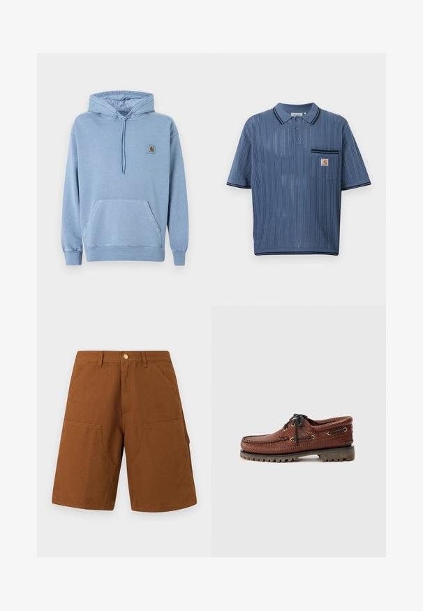 Sweat à capuche Carhartt bleu clair avec capuche à cordon, poche kangourou devant, poignets et ourlet côtelés, et une petite étiquette logo marron sur la poitrine.; Polo en maille bleu avec rayures verticales ajourées, patte de boutonnage à trois boutons, poche poitrine avec logo Carhartt et bordures noires sur le col et les manches.; Shorts marron longueur genou avec poches avant, passants pour ceinture, et fermeture par bouton en laiton, présentés sur un fond blanc.; Bateau en cuir marron avec une tige texturée, fermeture lacée noire et œillets dorés. Dispose d'une semelle en caoutchouc durcie et striée.