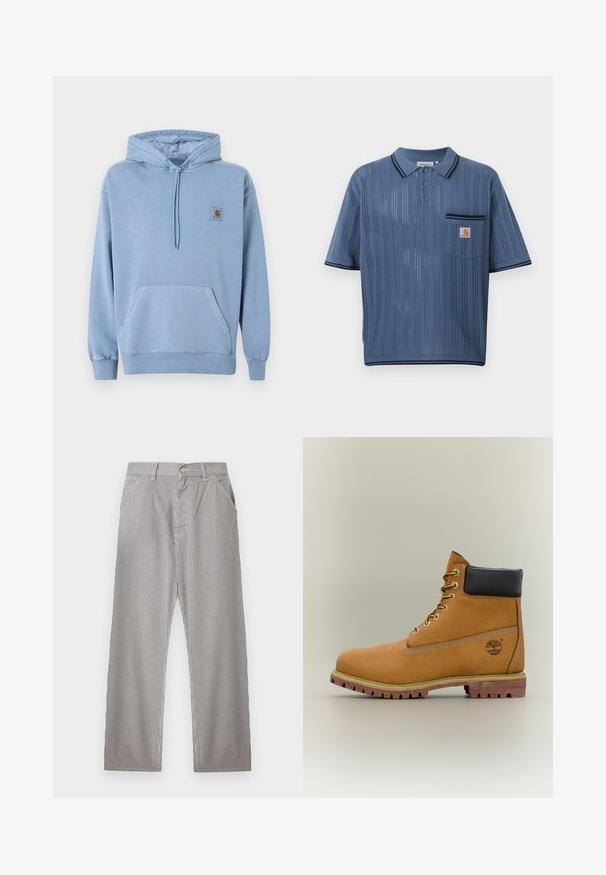 Ανοιχτό μπλε φούτερ Carhartt με κουκούλα και κορδόνι, μπροστινή τσέπη καγκουρό, ριμπ μανσέτες και τελείωμα, και ένα μικρό καφέ λογότυπο στο στήθος.; Μπλε πλεκτό πόλο πουκάμισο με κάθετες διάτρητες ρίγες, τρία κουμπιά στη λαιμόκοψη, τσέπη στο στήθος με λογότυπο Carhartt και μαύρο περίγραμμα στον γιακά και στα μανίκια.; Ανδρικό ριγέ παντελόνι με κάθετες μαύρες και λευκές λεπτές ρίγες, μπροστινό κούμπωμα με κουμπιά, θηλιές για ζώνη και πλαϊνές τσέπες.; Καφέ δερμάτινο μποτάκι αστραγάλου με μαύρο γιακά, κίτρινα κορδόνια και ταμπά σόλα. Διαθέτει λογότυπο και λευκή ραφή για λεπτομέρεια. Ανθεκτική εξωτερική σόλα με τραχύ πέλμα.