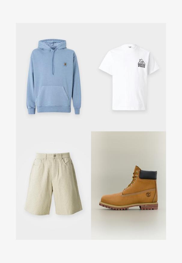 Sweat à capuche Carhartt bleu clair avec capuche à cordon, poche kangourou devant, poignets et ourlet côtelés, et une petite étiquette logo marron sur la poitrine.; T-shirt blanc à manches courtes avec texte noir "SERVICE WORKS" et graphisme ressemblant à une montagne sur la poitrine gauche.; Shorts à carreaux beiges en tissu léger, dotés de deux poches latérales, d'une fermeture à bouton et d'un design décontracté.; Bottine en cuir marron avec col noir, lacets jaunes et semelle beige. Présente un logo et des détails de couture blanche. Semelle extérieure à traction robuste.