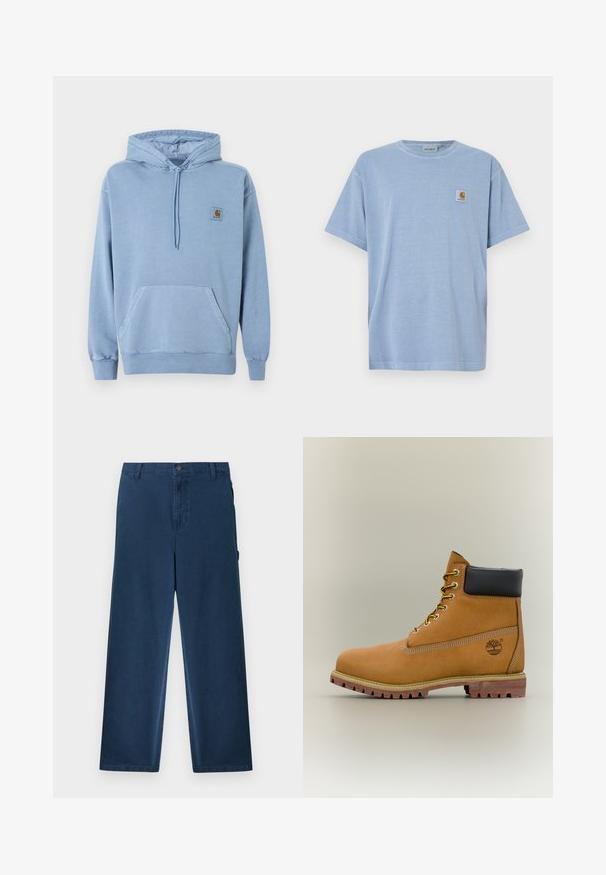 Ανοιχτό μπλε φούτερ Carhartt με κουκούλα και κορδόνι, μπροστινή τσέπη καγκουρό, ριμπ μανσέτες και τελείωμα, και ένα μικρό καφέ λογότυπο στο στήθος.; Ανοιχτό μπλε βαμβακερό μπλουζάκι με κοντά μανίκια, στρογγυλή λαιμόκοψη και μια μικρή τετράγωνη ετικέτα με λογότυπο που απεικονίζει το στιλιζαρισμένο γράμμα "C" στο στήθος.; Μπλε ναυτικό παντελόνι από κορδόνι με ίσια γραμμή, θηλιές για ζώνη, κουμπί μπροστά, κλείσιμο με φερμουάρ και πλαϊνές τσέπες.; Καφέ δερμάτινο μποτάκι αστραγάλου με μαύρο γιακά, κίτρινα κορδόνια και ταμπά σόλα. Διαθέτει λογότυπο και λευκή ραφή για λεπτομέρεια. Ανθεκτική εξωτερική σόλα με τραχύ πέλμα.