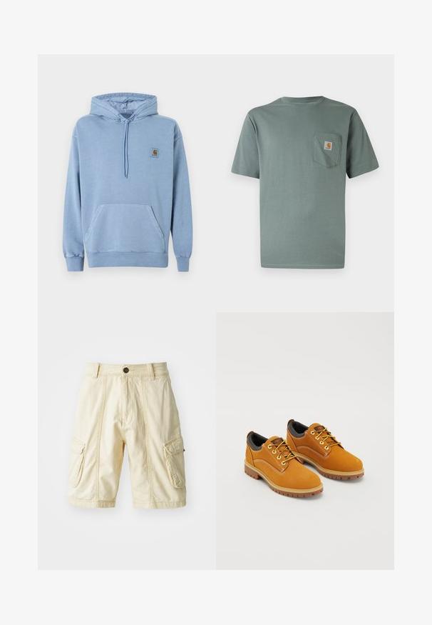 Ανοιχτό μπλε φούτερ Carhartt με κουκούλα και κορδόνι, μπροστινή τσέπη καγκουρό, ριμπ μανσέτες και τελείωμα, και ένα μικρό καφέ λογότυπο στο στήθος.; Ανοιχτό πράσινο κοντομάνικο μπλουζάκι από βαμβάκι με τσέπη στο στήθος που φέρει λογότυπο. Μαλακή υφή και κλασικός στρογγυλός γιακάς.; Καδάτες σορτς μέχρι το γόνατο σε ανοιχτό μπεζ ύφασμα με κλείσιμο κουμπιού, δύο μεγάλα πλαϊνά τσέπες και εμφανή ραφές.; Καφέ σουέτ παπούτσια με στρογγυλή μύτη, κίτρινες κορδόνες, μαξιλαρένιο μαύρο κολάρο και ελαστικές σόλες με αυλακώσεις για πρόσφυση.