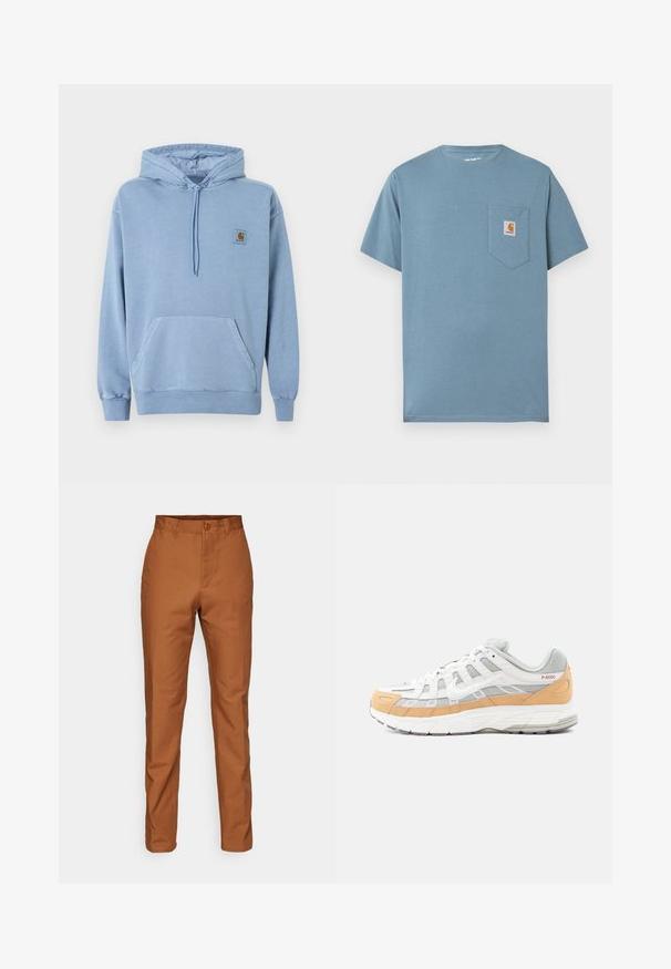 Sudadera con capucha Carhartt azul claro, con cordón en la capucha, bolsillo tipo canguro en el frente, puños y dobladillo acanalados, y un pequeño parche de logo marrón en el pecho.; Camiseta de algodón de color azul claro con cuello redondo, mangas cortas y un bolsillo en el pecho izquierdo que presenta una etiqueta cuadrada con el logo de Carhartt.; Pantalones de algodón marrón con un corte recto, presentan un cierre de botón y bolsillos laterales. Textura suave con un color uniforme en toda la prenda.; Zapatillas blancas y grises con acentos en naranja claro, materiales de malla y cuero, con suela texturizada y patrón geométrico en los lados.