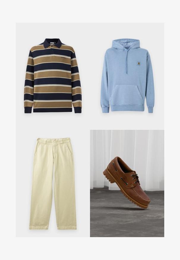 Lyseblå Carhartt-hoodie med snørre i hætten, frontlomme i kængurustil, ribstrikkede manchetter og kant samt en lille brun logo-patch på brystet.; Langærmet polo med marineblå, tan og hvide lodrette striber; har en krave, tre-knaps knaplukning og broderet logo på brystet.; Beige bomuldsbukser med en afslappet pasform, der har sidelommer, bæltestropper og lige ben. Glat tekstur med minimale syningsdetaljer.; Brun læder bådsko med sorte snørebånd, beige syninger og en robust sål, hængende over en grå betongulv.