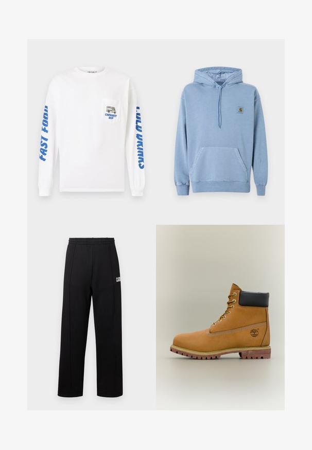 Ανοιχτό μπλε φούτερ Carhartt με κουκούλα και κορδόνι, μπροστινή τσέπη καγκουρό, ριμπ μανσέτες και τελείωμα, και ένα μικρό καφέ λογότυπο στο στήθος.; Λευκό πουκάμισο με μακριά μανίκια από βαμβάκι. Διαθέτει μπλε κείμενο στα μανίκια και μια τσέπη με γραφικό ενός φαγητού φορτηγού και το "Carhartt WIP".; Μαύρο παντελόνι φόρμας με ελαστική μέση, ευθύ σχέδιο στα πόδια και λευκή λεπτομέρεια με κείμενο στην κάτω αριστερή πλευρά. Κατασκευασμένο από μαλακό ύφασμα.; Καφέ δερμάτινο μποτάκι αστραγάλου με μαύρο γιακά, κίτρινα κορδόνια και ταμπά σόλα. Διαθέτει λογότυπο και λευκή ραφή για λεπτομέρεια. Ανθεκτική εξωτερική σόλα με τραχύ πέλμα.