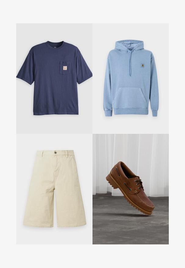 Ανοιχτό μπλε φούτερ Carhartt με κουκούλα και κορδόνι, μπροστινή τσέπη καγκουρό, ριμπ μανσέτες και τελείωμα, και ένα μικρό καφέ λογότυπο στο στήθος.; Μπλε ναυτικό κοντομάνικο μπλουζάκι με τσέπη στο στήθος που έχει μια μικρή μπεζ ετικέτα με κόκκινο κείμενο.; Μπεζ βερμούδα με φαρδιά μπατζάκια μέχρι το γόνατο, θηλιές για ζώνη, εμπρόσθιο κουμπί, φερμουάρ κλεισίματος και πλαϊνές τσέπες.; Καφέ δερμάτινο παπούτσι τύπου boat με μαύρα κορδόνια, μπεζ ραφές και ανθεκτική σόλα, αιωρούμενο πάνω από γκρι τσιμεντόλιθο.