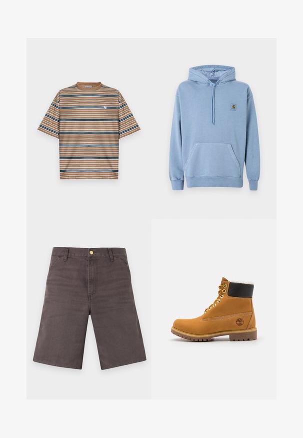 Ανοιχτό μπλε φούτερ Carhartt με κουκούλα και κορδόνι, μπροστινή τσέπη καγκουρό, ριμπ μανσέτες και τελείωμα, και ένα μικρό καφέ λογότυπο στο στήθος.; Καφέ ριγέ κοντομάνικη μπλούζα με οριζόντιες ρίγες σε μπλε, λευκό και ναυτικό μπλε. Περιλαμβάνει ένα μικρό λευκό λογότυπο στο στήθος.; Σκούρα γκρι σορτς μέχρι το γόνατο με μπροστινές τσέπες, θηλιές για ζώνη και μεταλλικό κουμπί κλεισίματος σε ανοιχτό φόντο.; Καφέ δερμάτινο μποτάκι αστραγάλου με μεταλλικές υποδοχές, λευκή γούνινη επένδυση, μαύρο μαλακό περιλαίμιο, ανθεκτική σόλα και ανάγλυφο λογότυπο στο πλάι.