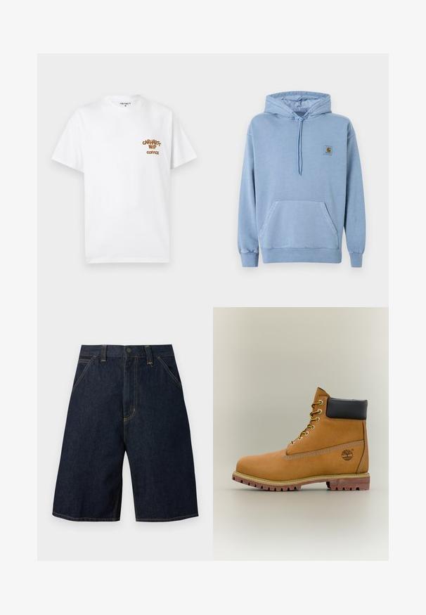 Ανοιχτό μπλε φούτερ Carhartt με κουκούλα και κορδόνι, μπροστινή τσέπη καγκουρό, ριμπ μανσέτες και τελείωμα, και ένα μικρό καφέ λογότυπο στο στήθος.; Άσπρο κοντομάνικο μπλουζάκι με στρογγυλή λαιμόκοψη και καφέ κείμενο "Carhartt WIP Coffee" στο αριστερό μέρος του στήθους, μέγεθος μεσαίο, απεικονίζεται επίπεδο σε ανοιχτό φόντο.; Σκούρα μπλε τζιν σορτς με μπροστινές τσέπες, θηλιές για ζώνη και κουμπί στη μέση.; Καφέ δερμάτινο μποτάκι αστραγάλου με μαύρο γιακά, κίτρινα κορδόνια και ταμπά σόλα. Διαθέτει λογότυπο και λευκή ραφή για λεπτομέρεια. Ανθεκτική εξωτερική σόλα με τραχύ πέλμα.