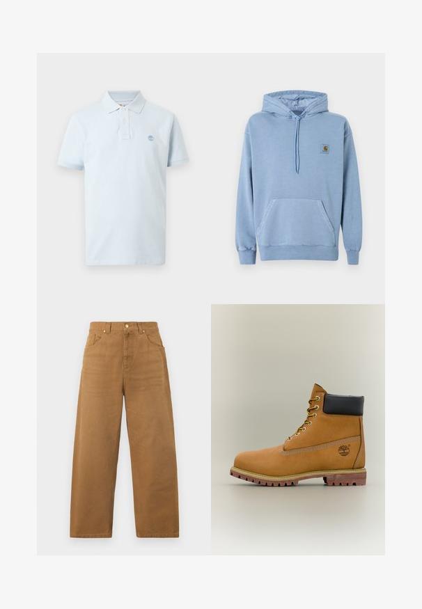 Ανοιχτό μπλε φούτερ Carhartt με κουκούλα και κορδόνι, μπροστινή τσέπη καγκουρό, ριμπ μανσέτες και τελείωμα, και ένα μικρό καφέ λογότυπο στο στήθος.; Ανοιχτό μπλε πόλο μπλουζάκι με κοντά μανίκια, δύο λευκά κουμπιά και ένα μικρό κεντητό λογότυπο στο αριστερό στήθος.; Καφέ παντελόνι με ίσια γραμμή, ψηλή μέση, θηλιές ζώνης, κουμπί κλεισίματος και τσέπες μπροστά και πίσω, εμφανίζεται σε απλό λευκό φόντο.; Καφέ δερμάτινο μποτάκι αστραγάλου με μαύρο γιακά, κίτρινα κορδόνια και ταμπά σόλα. Διαθέτει λογότυπο και λευκή ραφή για λεπτομέρεια. Ανθεκτική εξωτερική σόλα με τραχύ πέλμα.