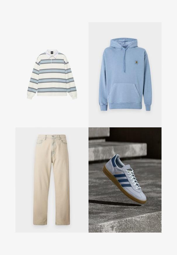 Sweat à capuche Carhartt bleu clair avec capuche à cordon, poche kangourou devant, poignets et ourlet côtelés, et une petite étiquette logo marron sur la poitrine.; Polo à manches longues avec col blanc et rayures horizontales en bleu clair, blanc et fines lignes noires.; Jean en denim beige clair avec une coupe droite, cinq poches et une fermeture par bouton. Présente un délavage subtil du tissu et un design classique.; Baskets Adidas Spezial bleu clair avec des rayures bleu marine et une semelle en gomme, montrées en l'air au-dessus d'escaliers en béton dans un environnement extérieur neutre.