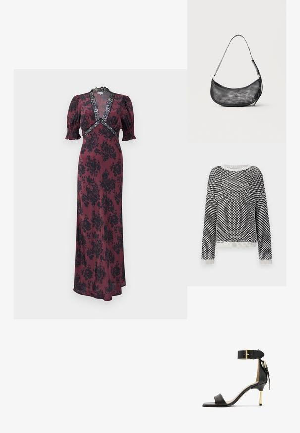 Schwarz-weiß gestrickter Pullover mit strukturiertem Muster, rundem Ausschnitt und langen Ärmeln. Gerippter Saum und Bündchen in kontrastierenden Farben.; Langes burgunderfarbenes Kleid mit schwarzem Blumenmuster, das über Puffärmel, einen tiefen V-Ausschnitt und Spitzenakzente am Ausschnitt und der Taille verfügt.; Schwarze Leder-Absatzsandale mit quadrater Zehenform, Fesselriemen mit einer goldenen Schnalle und einem schlanken, metallischen Absatz. Glatte Textur, minimalistisches Design.; Kleine schwarze Netz-Schultertasche in Halbmondform mit verstellbarem dünnem Riemen vor schlichtem, hellem Hintergrund.