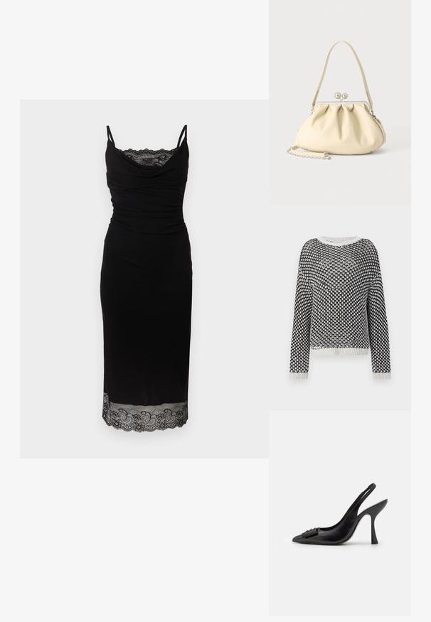 Sort og hvid strikket sweater med et tekstureret mønster, rund halsudskæring og lange ærmer. Ribbet kant og manchetter med kontrasterende farver.; Sort kjole med spaghetti-stropper, kappeudskæring, rynket overdel og blonderkant ved kanten, der skaber en tætsiddende silhuet. Glat stoftekstur.; Sorte lædersandal med spids tå, slank høj hæl og dekorativ sløjfeaccent. Glat tekstur og strømlinet design.; Cremefarvet blødt læder håndtaske med indsamlet design, sølvramme-lukkemekanisme, kort hank og aftagelig kæderem.