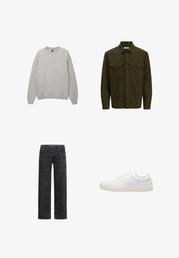 Lysegrå crewneck sweatshirt med lange ærmer, ribstrikkede manchetter og kant, vist på hvid baggrund.; Langærmet mørkegrøn skjorte med knaplukning, to brystlommer, knapflipper og krave fra Jack & Jones.; Sorte denim jeans med afslappet pasform, lige ben, fem-lomme design og en subtil falmet tekstur. Har knap- og lynlåslukning.; Hvide lædersneakers med en glat overflade, rund tå, snørebåndslukning og flad gummisål. Minimalistisk design uden synlige mønstre.