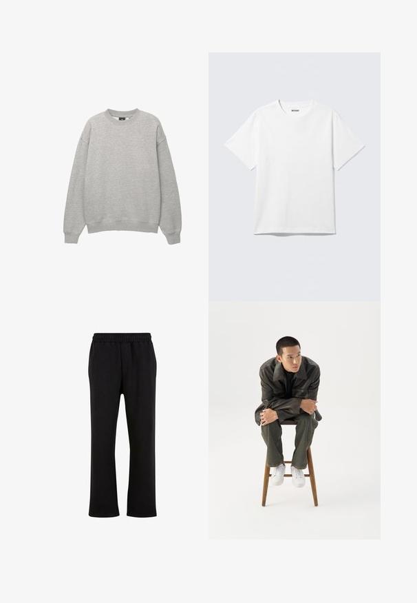 Lysegrå crewneck sweatshirt med lange ærmer, ribstrikkede manchetter og kant, vist på hvid baggrund.; Hvid kortærmet crewneck T-shirt lagt fladt ud, ensfarvet design, med "WEEKDAY" mærkat inde i kraven på en lys baggrund.; Urban Classics Træningsbukser - black; Ung mand i mørk læderjakke og jeans sidder på en træskammel, læner sig fremad med armene krydset og kigger til siden mod hvid baggrund.