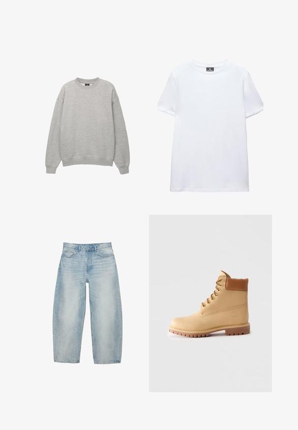Lichtgrijze sweater met ronde hals, lange mouwen, geribbelde manchetten en zoom, afgebeeld op een witte achtergrond.; Effen wit T-shirt met korte mouwen en een ronde hals met een zwart Pull&Bear-label aan de binnenkant van de kraag, afgebeeld op een witte achtergrond.; Lichtblauwe wijde spijkerbroek met steekzakken aan de voorkant, broekriemlussen en een knoopsluiting.; Lichtbruine leren enkellaars met gevoerde kraag, gouden oogjes, tankleurige veters en een dikke profielzool op een effen lichte achtergrond.