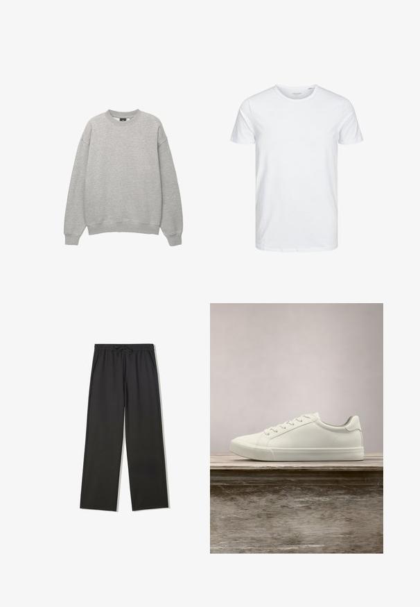 Lysegrå crewneck sweatshirt med lange ærmer, ribstrikkede manchetter og kant, vist på hvid baggrund.; Rundhals kortærmet t-shirt i ensfarvet hvid, lavet af blød bomuld, har et simpelt design uden synlige mønstre eller detaljer.; Sorte bukser med elastisk talje, snørebånd og sidelommer, med en afslappet pasform og lige ben.; Hvide snørresneakers svævende over en træbænk med grønne planter i baggrunden, der fremhæver skodesign og tekstur.