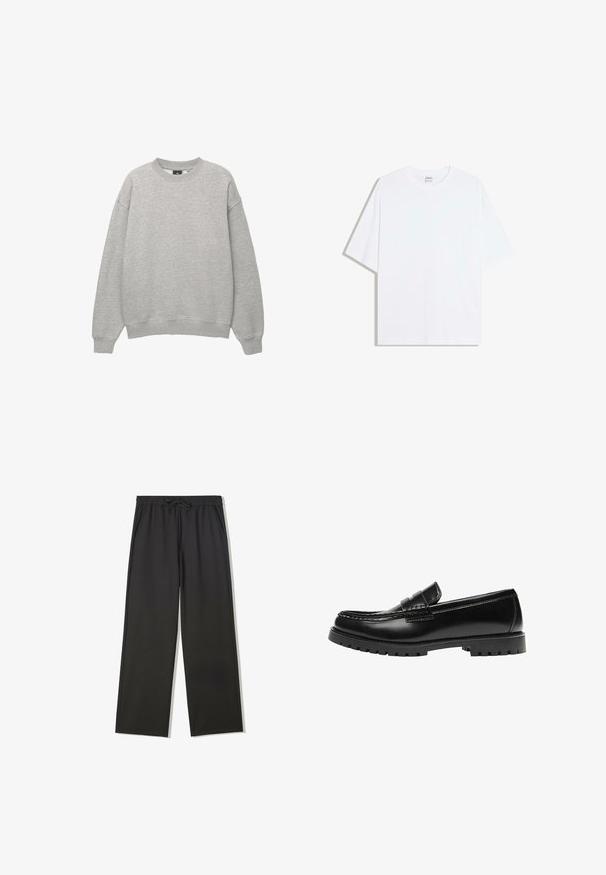 Lysegrå crewneck sweatshirt med lange ærmer, ribstrikkede manchetter og kant, vist på hvid baggrund.; Hvid oversized bomulds t-shirt med rund hals og korte ærmer; glat tekstur, uden synlige mønstre eller accenter.; Sorte bukser med elastisk talje, snørebånd og sidelommer, med en afslappet pasform og lige ben.; Sort læderloafer med en kraftig gummisål og klassiske penny-strap detaljer, vist fra ydersiden.